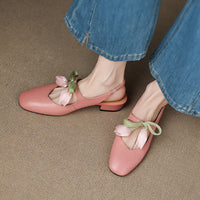 Women's French Style Leather Headband Sandals – Mid-Heel Round Toe