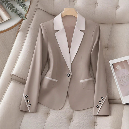 Women’s Contrasting Color Blazer – Elegant Button Formal Jacket