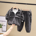 Kids denim jacket and pants set, gray wash, half-zip top with 'BLITEROVE' print, elastic cuffs and waist