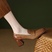 Zapatos de tacón grueso de piel de oveja con punta cuadrada para mujer – Zapatos de vestir de tacón alto retro
