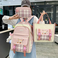 Pink plaid XIGUL backpack with cute bear design, matching tote bag and pouch, ideal for school or travel