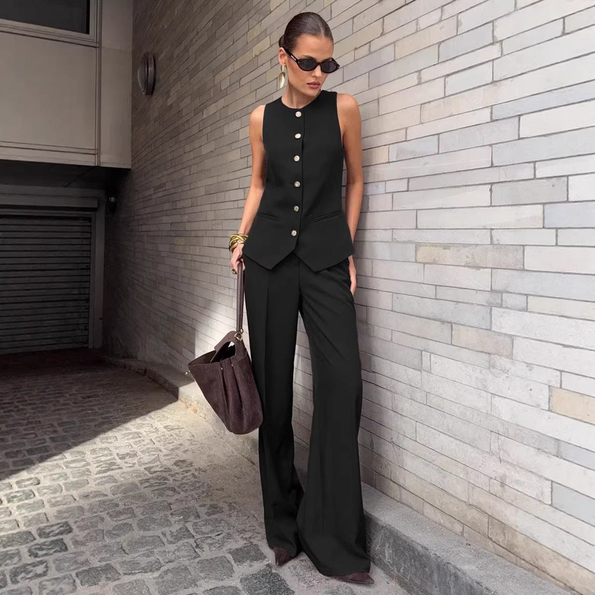 Conjunto de Chaleco Elegante Sin Mangas y Pantalones de Pierna Ancha para Mujer – 2 Piezas de Oficina