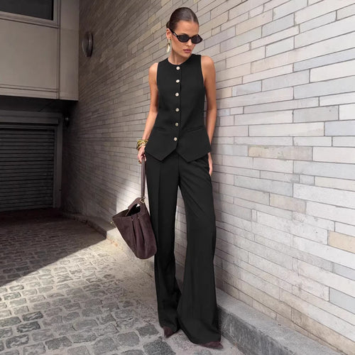 Women's Elegant Sleeveless Vest & Wide-Leg Pants Set – Office 2-Piece
