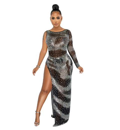 Glam Night Drilled Sleeve Asymmetrical Maxi