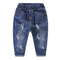 Kids' distressed denim jeans with ripped details, elastic waist, and cuffed hems for casual fashion wear