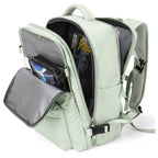 Light green waterproof backpack with multiple compartments, ideal for travel, school, or daily use