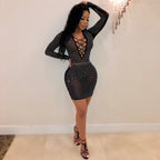 Rhinestone Mesh Party Dress - Women's Nightlife Fashion