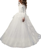 Elegant white flower girl dress with lace sleeves and tulle skirt, perfect for weddings and special occasions.