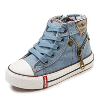 Kids' denim high-top sneaker with zipper, lace-up design, and white rubber sole for casual fashion wear