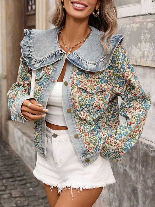 Chaqueta vaquera jacquard para mujer | Chaqueta corta de manga larga con cuello Peter Pan y volantes en azul | S–XXL