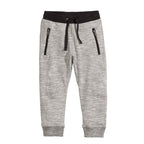 Gray heather jogger pants with black drawstring waist and side zip pockets, casual kids fashion