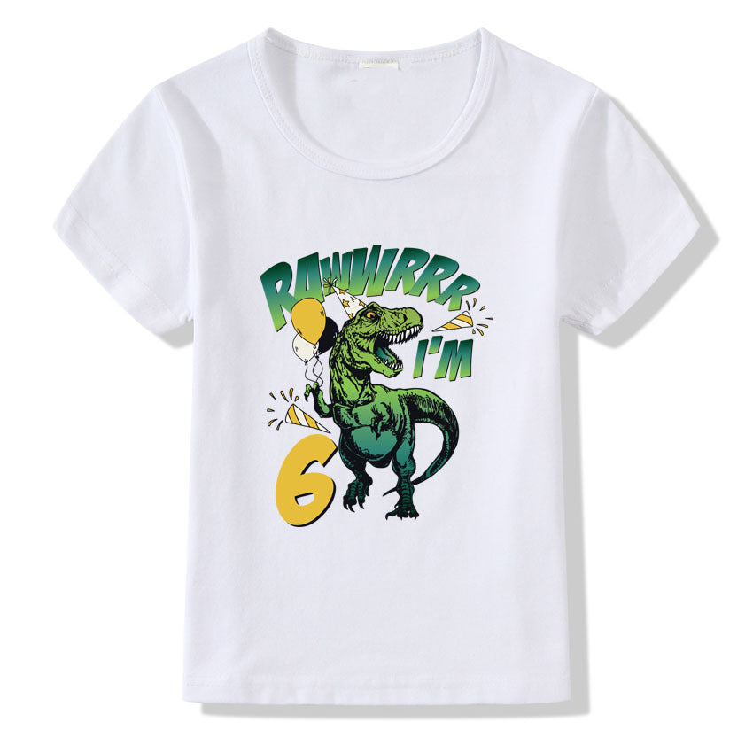 White kids t-shirt with green dinosaur graphic saying 'RAWWRRR I'm 6' for birthday party