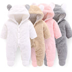 Fluffy baby onesies with bear ears in white, beige, pink, gray – cozy winter infant sleepers