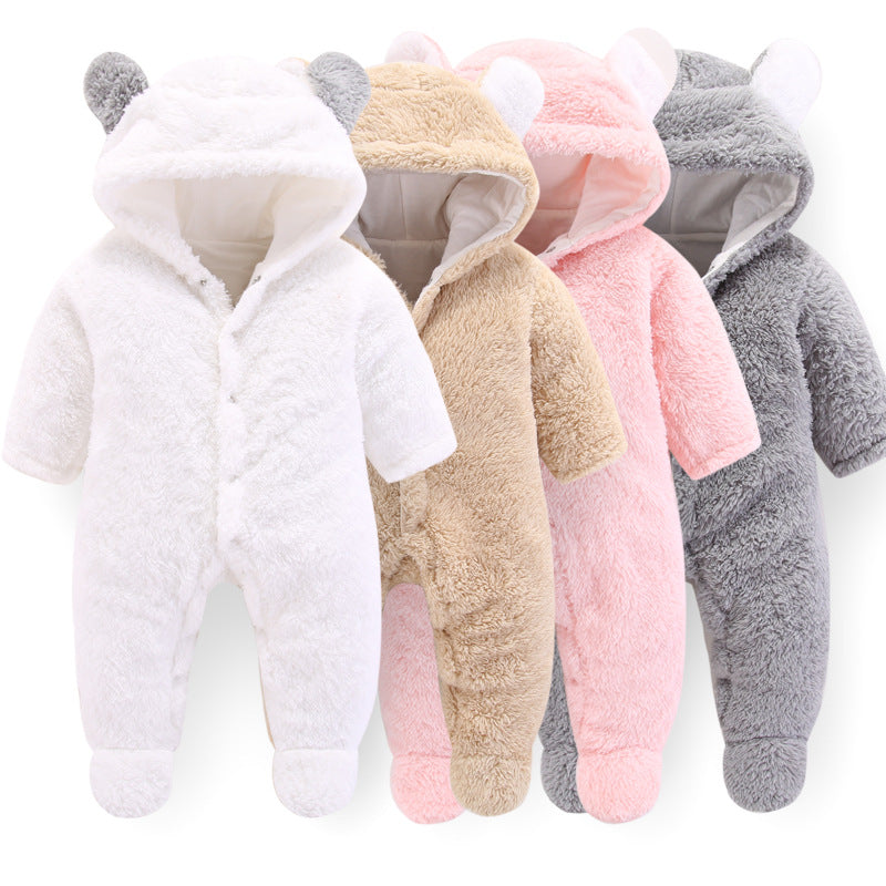 Fluffy baby onesies with bear ears in white, beige, pink, gray – cozy winter infant sleepers
