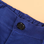 Blue cotton pants with black button and elastic waistband detail