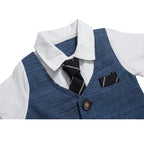 Blue boys formal vest set with white shirt, striped tie, and pocket square for special occasions