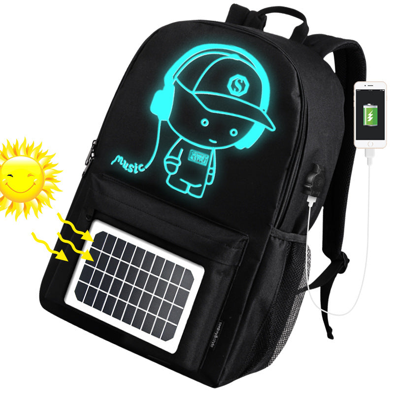 Solar-powered backpack with glowing LED cartoon design and USB phone charging port