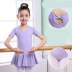 Girl in lavender ballet leotard with bow back and flared skirt, dancewear for kids