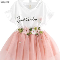 Girls' white V-neck dress with pink tulle skirt, floral embroidery, and 'Canterbury' script