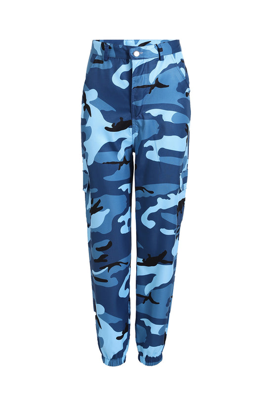 Camouflage workwear denim casual harem pants by Ancient Energy, featuring relaxed fit and comfortable design.