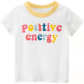 Children's alphabet pattern T-shirt by Ancient Energy featuring cartoon girls and short sleeves, perfect for kids' casual wear.
