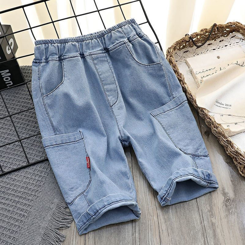 Light blue cotton children's summer pants by Ancient Energy, loose fit, ideal for middle school kids, breathable and comfortable.