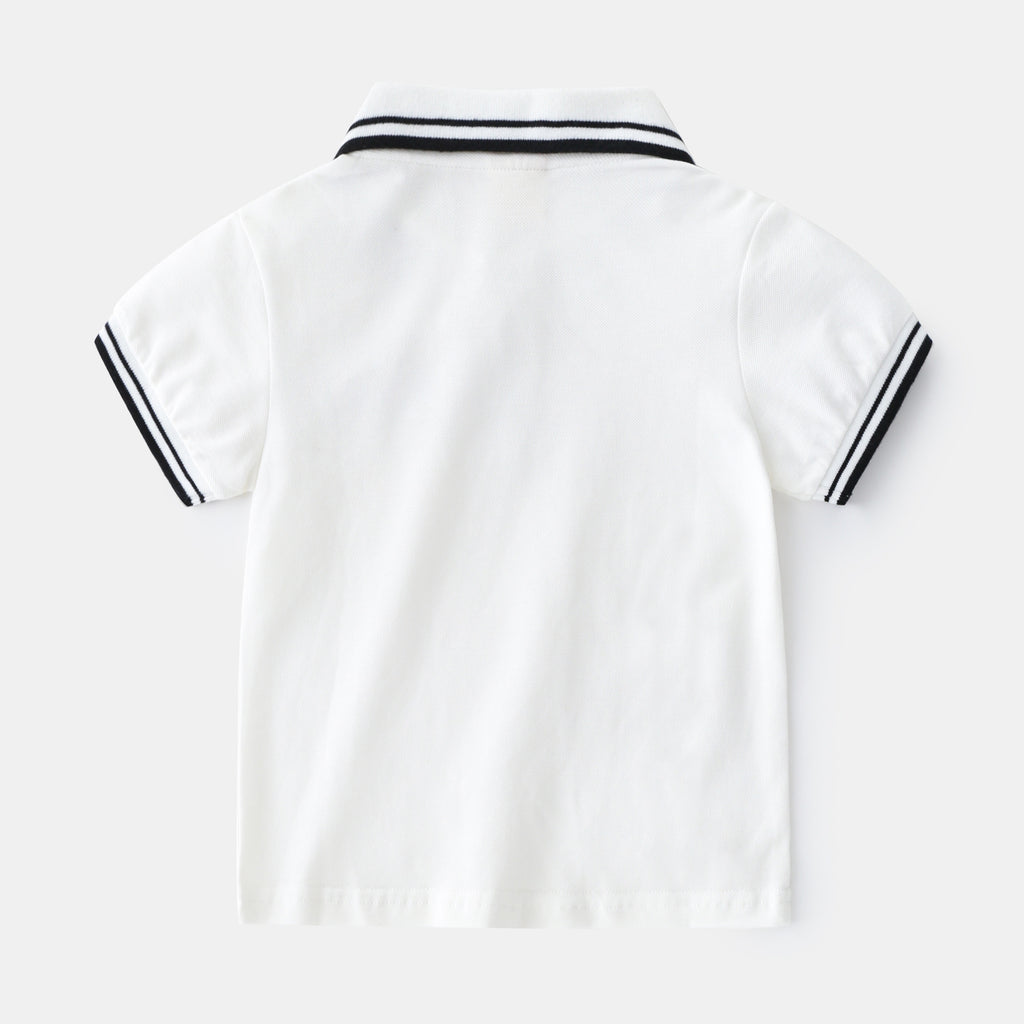 Boy wearing a summer polo shirt by Ancient Energy, featuring a casual t-shirt style perfect for warm weather.