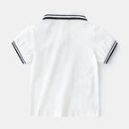 Boy wearing a summer polo shirt by Ancient Energy, featuring a casual t-shirt style perfect for warm weather.