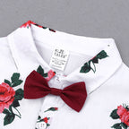 Two-piece summer baby set with flower-printed short sleeve polo shirt and red shorts, ideal school clothes for children.