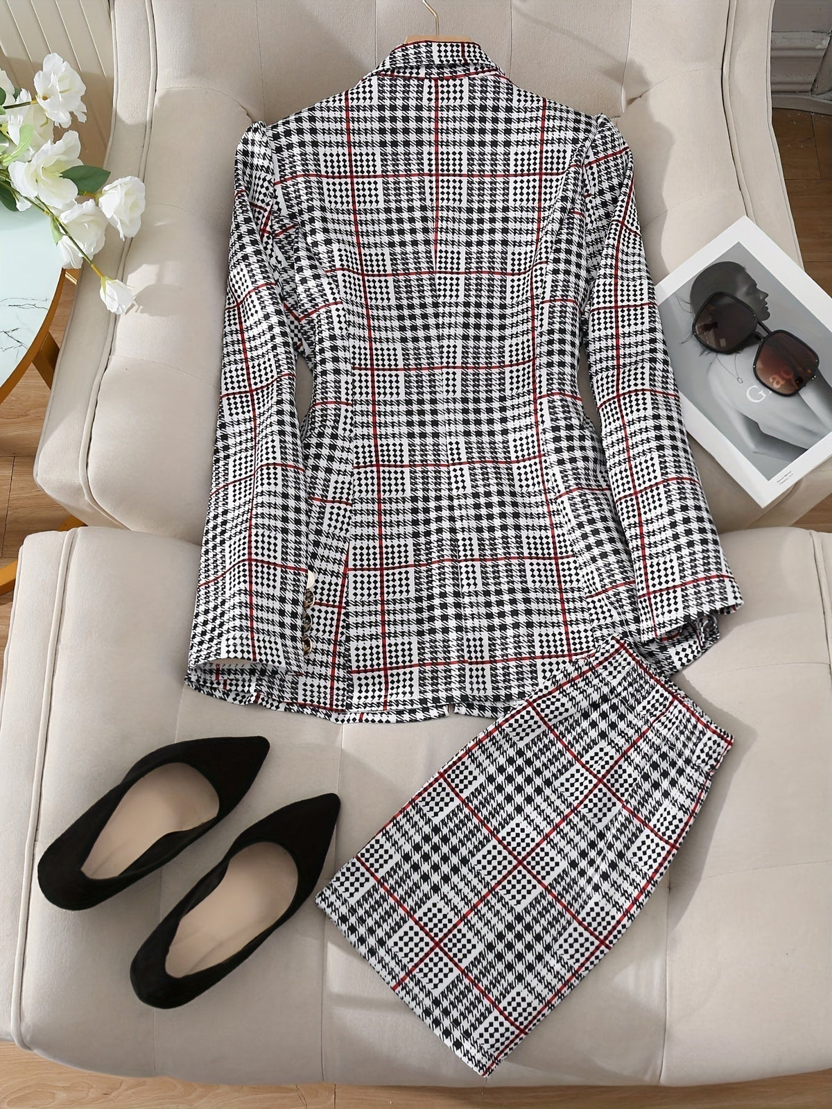 Traje de falda a cuadros de talla grande para mujer – Conjunto de blazer y falda de talle alto de dos piezas