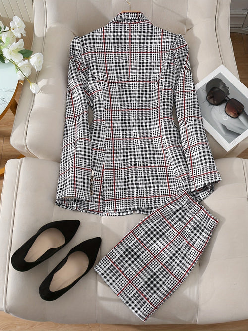 Plus Size Plaid Skirt Suit for Women – Two-Piece Blazer and High Waist Skirt Set