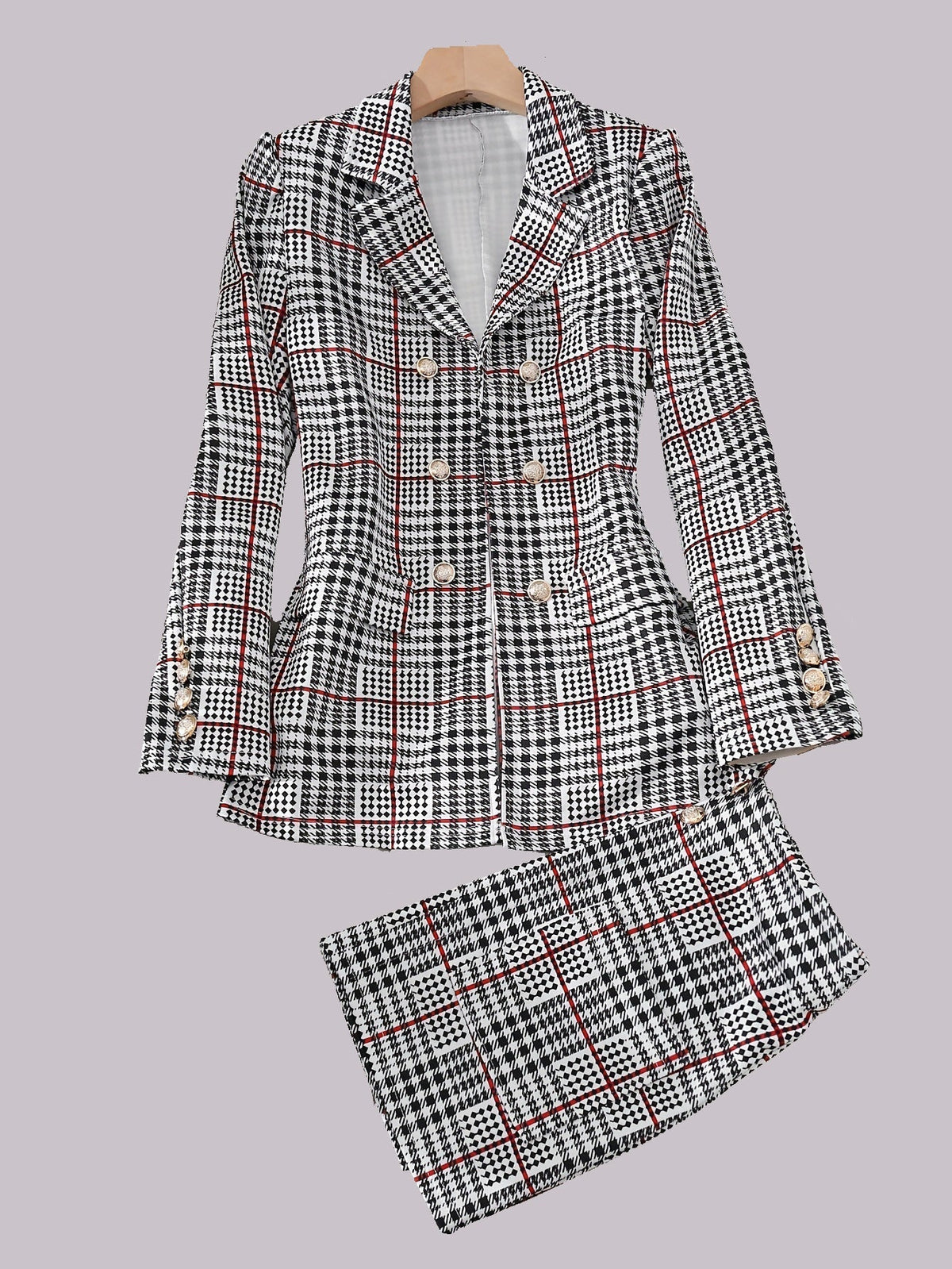Traje de falda a cuadros de talla grande para mujer – Conjunto de blazer y falda de talle alto de dos piezas