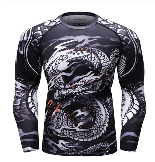Dragon print compression shirts and shorts for men, athletic wear with bold Asian-inspired design