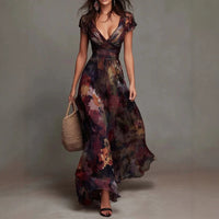 Women's Deep V-Neck Painted Print Chiffon Maxi Dress | Fitted Waist Flowy A-Line Dress