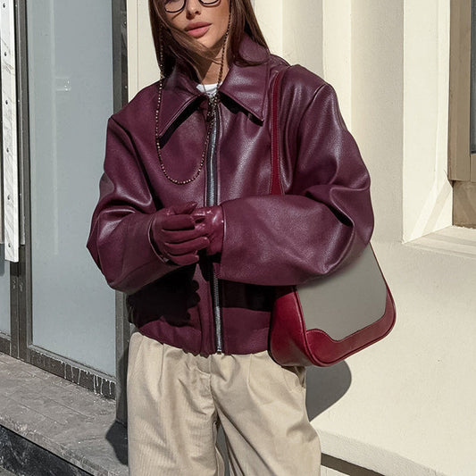 Chaqueta de cuero sintético lisa estilo vintage para mujer