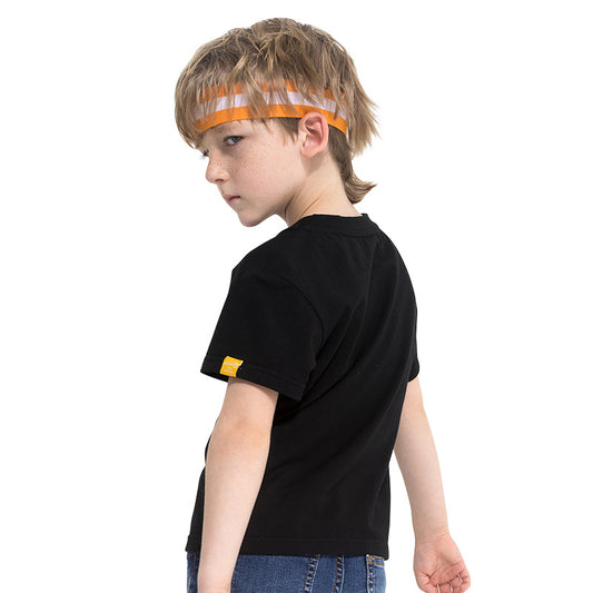 Kids black graphic tee with 'NEVER SAY NEVER' rainbow galaxy print, casual fashion for boys