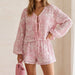 V-Neck Long Sleeve Lace-Up Top & Shorts Two-Piece Set