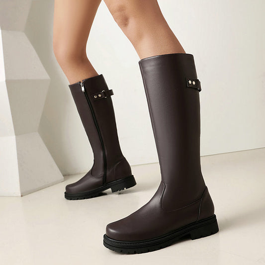 Botas de montar retro estilo británico para mujer – Botas altas con hebilla de cinturón de cuero
