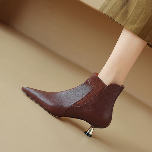 Women's Genuine Leather Kitten Heel Ankle Boots – Pointed Toe Side Zip
