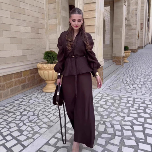 Women's V-Neck Puff Sleeve Belted Peplum Top & Maxi Skirt Set