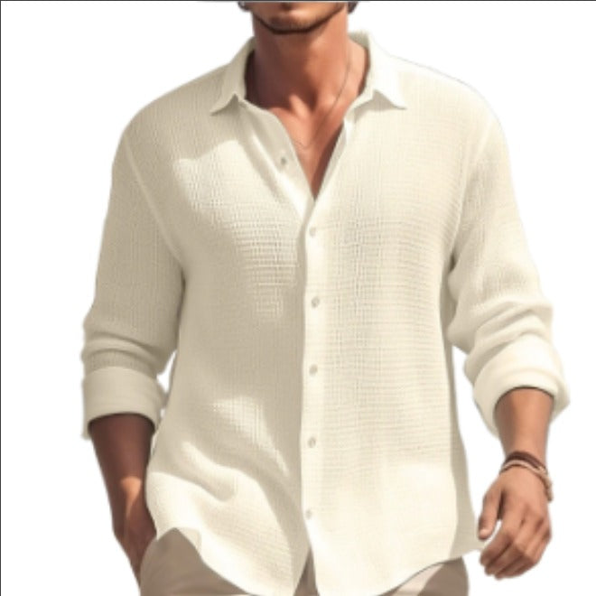 Mandotos International plus size men's casual white textured lapel shirt