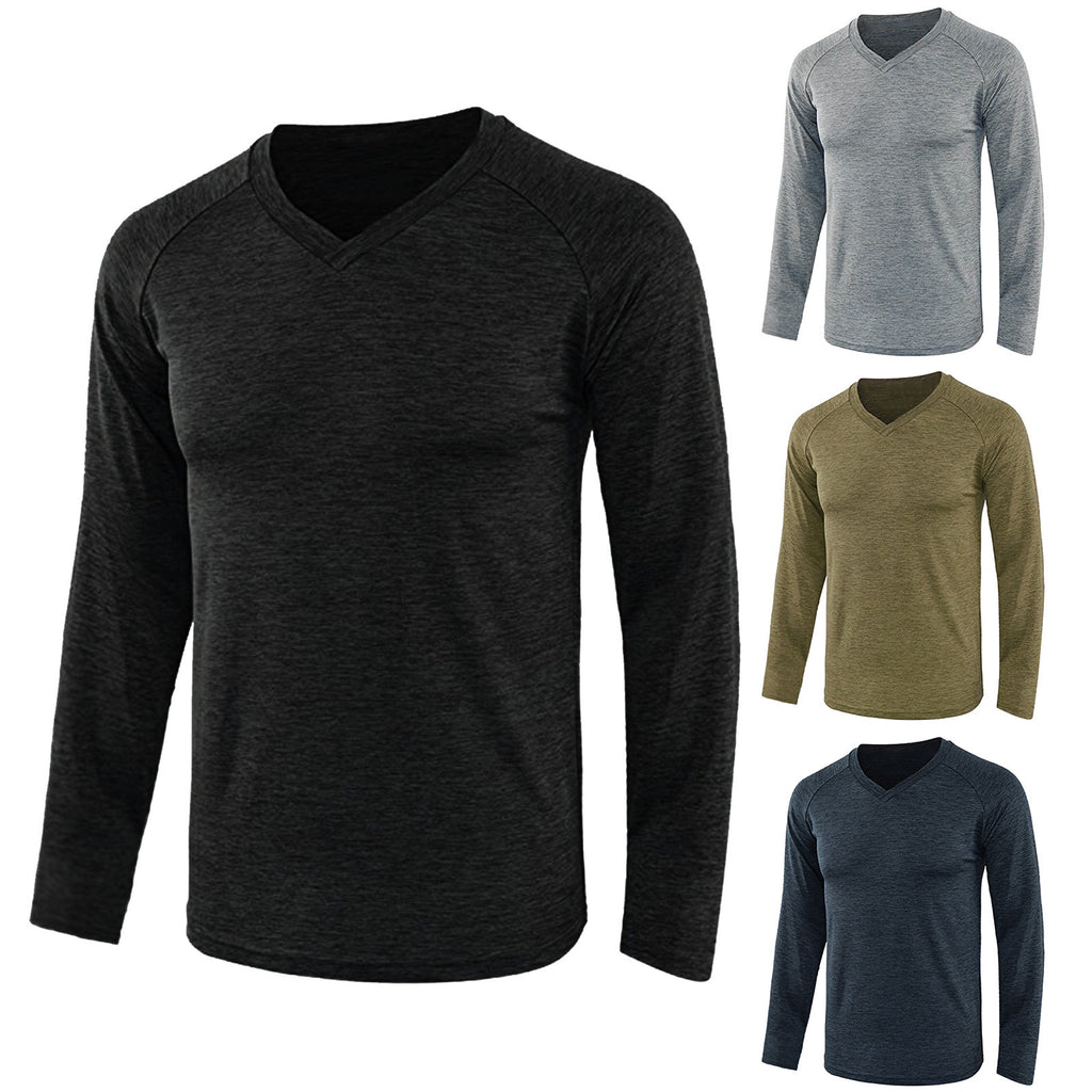 Mandotos International Men's Essential Long Sleeve Raglan Tee in black, grey, olive, and navy.