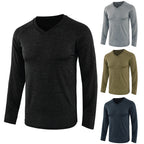 Mandotos International Men's Essential Long Sleeve Raglan Tee in black, grey, olive, and navy.