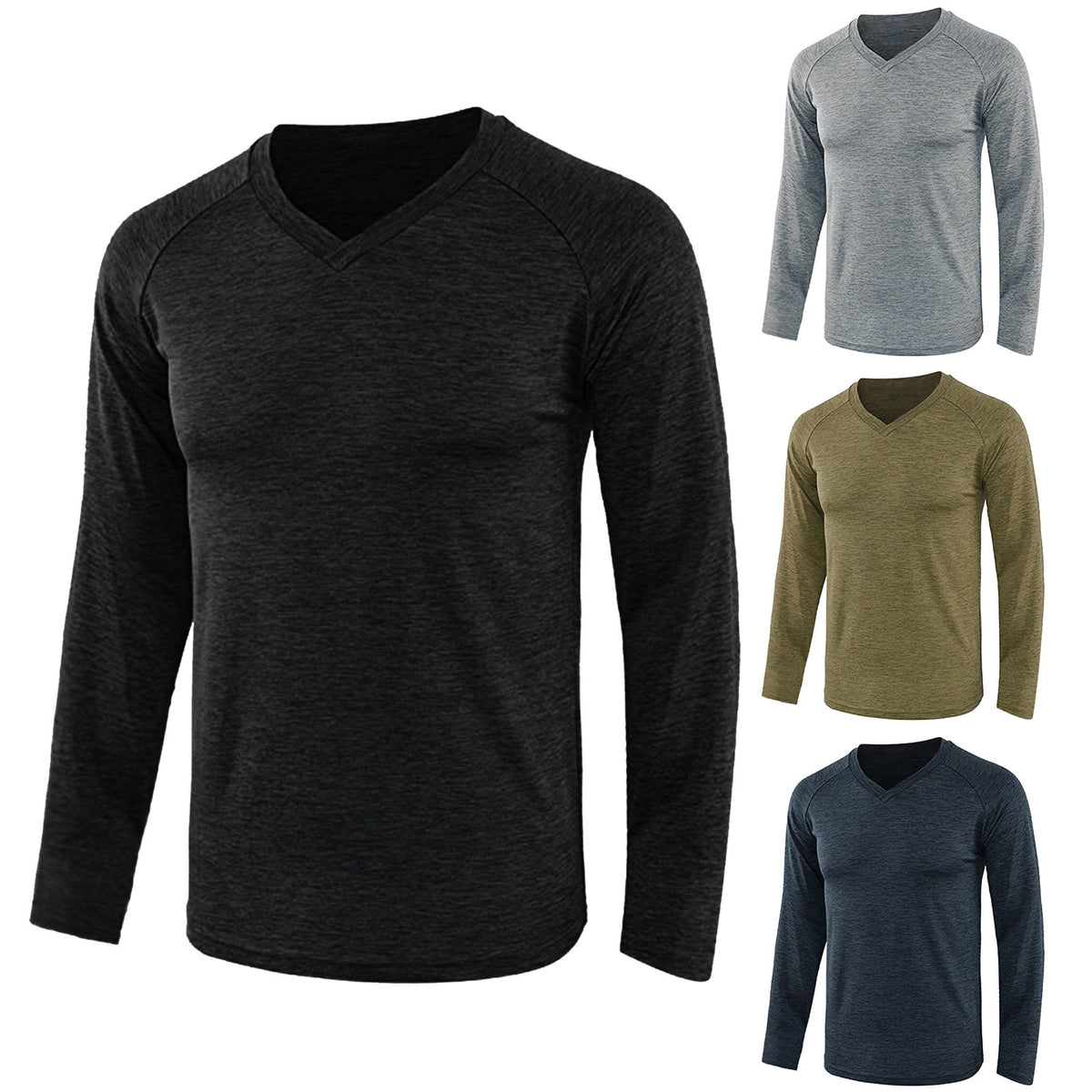Mandotos International Men's Essential Long Sleeve Raglan Tee in black, grey, olive, and navy.