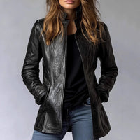 Vintage Style PU Jacket — Mid-Length Open Cardigan Leather Coat with Pockets