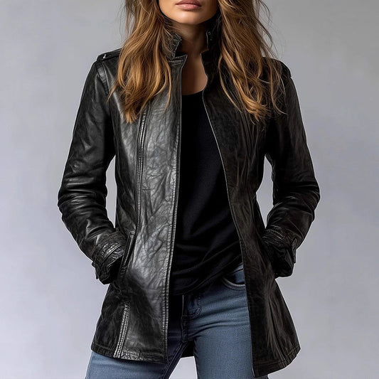 Chaqueta de PU estilo vintage — Abrigo de cuero tipo cárdigan abierto de largo medio con bolsillos