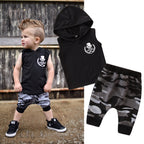 Two-piece toddler boys' sleeveless hooded T-shirt and camo pants outfit by Ancient Energy, featuring casual, comfortable clothing for kids.