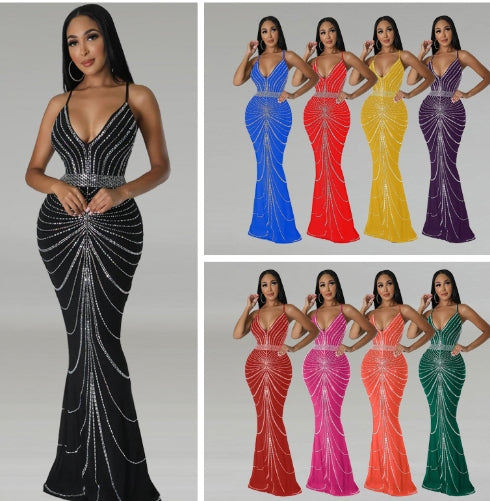 Glam V-Neck Rhinestone Party Dress