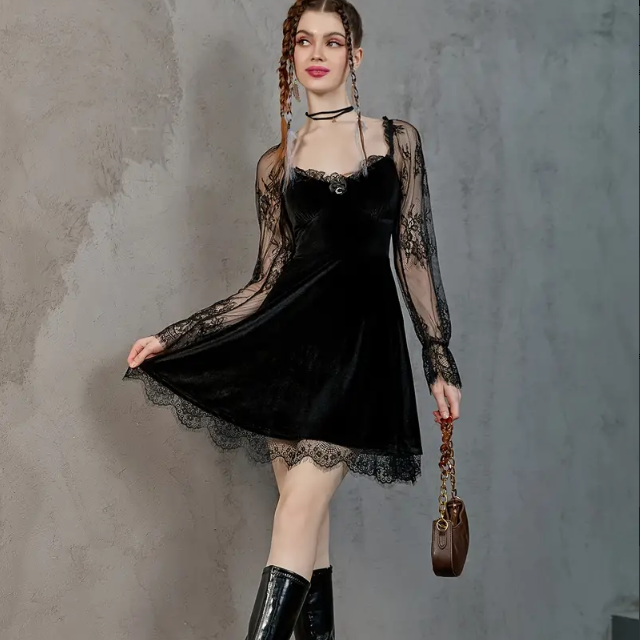 Woman wearing a Mandotos International chic black lace hip-hop velvet dress and black boots.