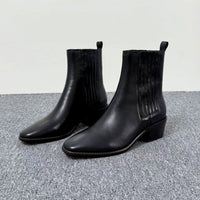 Women’s Retro Square-Toe Mid-Heel Chunky Leather Boots